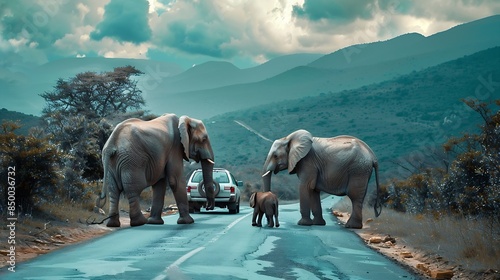 Elephants with a baby elephant share a road with a car in Africa Beautiful African landscape Wildlife Elephant family Amazing image Sweet memories of travel to Africa African safari P : Generative AI