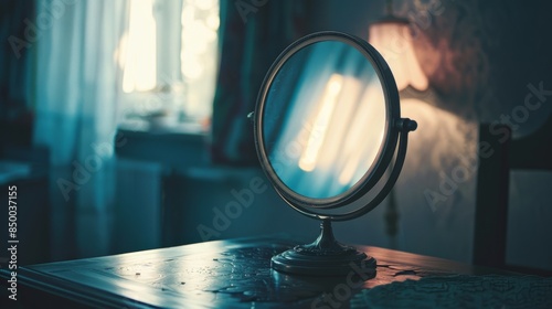 Elegant silhouette of a makeup mirror reflecting soft, flattering light.