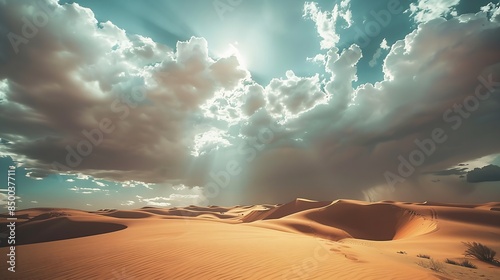 Beautiful sand dunes in the Sahara desert with amazing cloudy sky Sahara Morocco : Generative AI