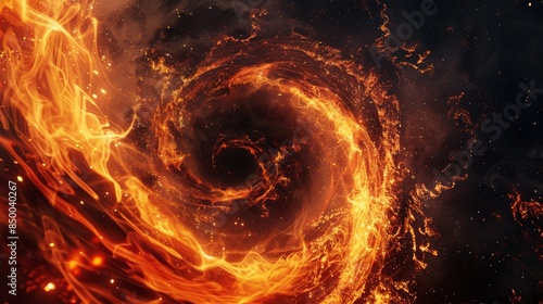 Glowing ember swirl creating a fiery vortex, set against a dark void, mesmerizing and powerful