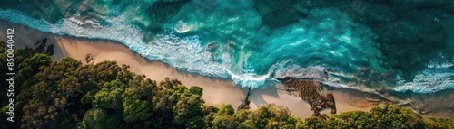 Aerial view of a stunning coastal landscape with turquoise waves gently lapping against a pristine sandy beach and lush greenery.
