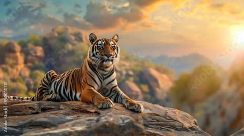 Royal bengal tiger pose with beautiful background Amazing tiger in the nature habitat Wildlife scene with dangerous beast Hot weather in wild India Panthera tigris tigris : Generative AI