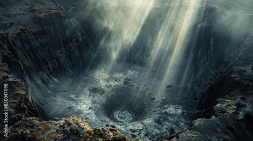 Overhead view of a crater, enchanting light rays seeping out, highlighting the texture of the earth and rocks, otherworldly scene