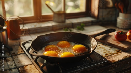Frying eggs in a cast-iron skillet, golden yolks and crispy edges, vintage kitchen with retro appliances, nostalgic and cozy atmosphere
