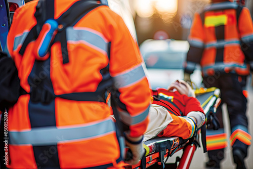 Paramedics transporting an emergency patient on a stretcher to the ambulance