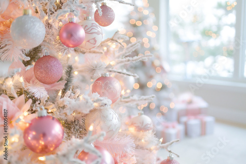 Beautiful Christmas tree adorned with pink and white ornaments, capturing the serene and festive spirit of the holiday season in a soft, pastel palette