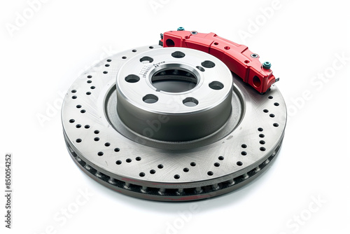 Automotive disc brake rotor with a red caliper, isolated on white