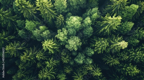 Aerial view of a dense forest with lush green trees, showcasing the natural beauty and serenity of the wilderness from above.