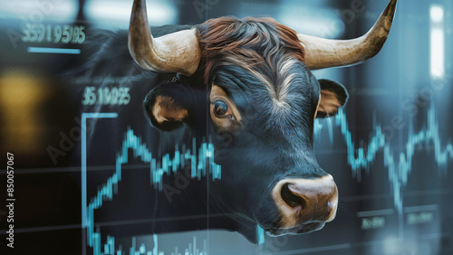 A bull looking at stock market financial charts 