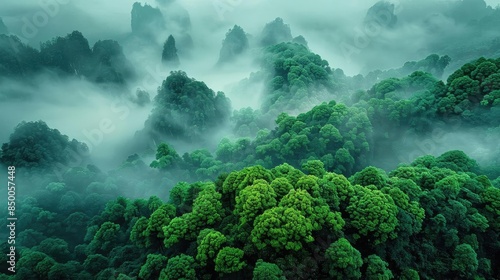 Aerial view of green forested mountains covered in mist, creating a peaceful and mysterious landscape in a lush and foggy environment.