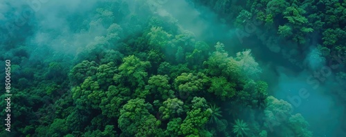Aerial view of lush green forest covered in mist, providing a serene and natural landscape. Ideal for nature and environmental themes.