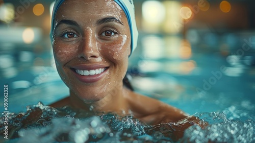 portrait of a middle-aged Caucasian woman with a beautiful smile in a swimming cap swims in the pool looking at the camera.woman swimming instructor