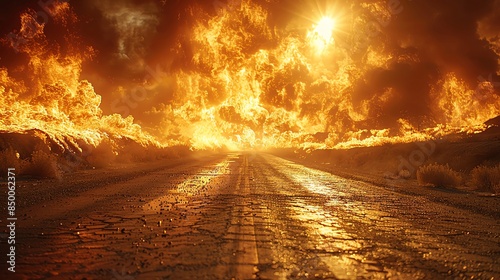 Heatwave creating mirages on an empty highway, intense heat shimmering off the pavement, clear road for text Heatwave impact, extreme heat, shimmering mirages, summer disaster