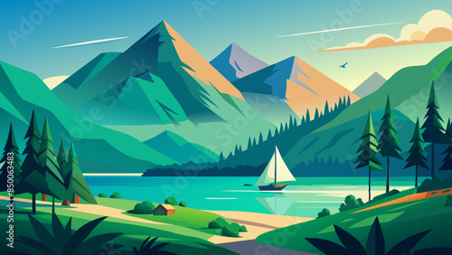 Summer vibe illustration with green mountain and lake 