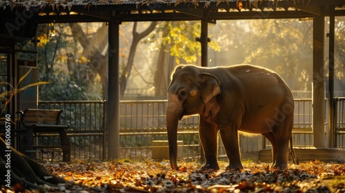 A huge adult elephant walks around the zoo.