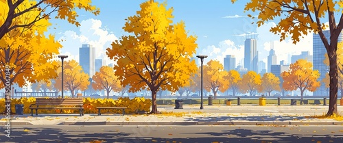 2D fall day urban landscape with yellow trees, lanterns, bins, skylines of city buildings, parallax background autumn city park with wooden bench, separated layers for game animation, Modern.