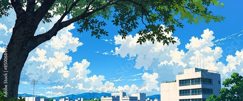 A beautiful anime city wallpaper with a blue sky, white clouds, and a large tree in the foreground.