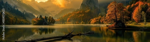 Serene autumn landscape with vibrant fall foliage, calm lake reflecting the golden sunset, and rugged mountains in the background.