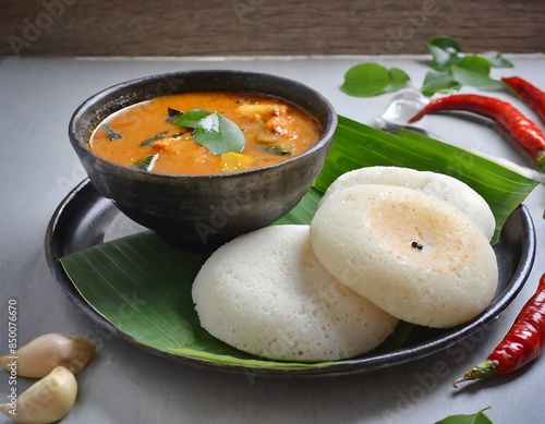 South Indian breakfast Idli, sambar and chutney served in banana leaf