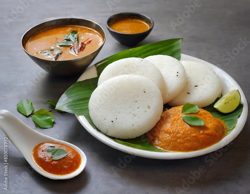 South Indian breakfast Idli, sambar and chutney served in banana leaf