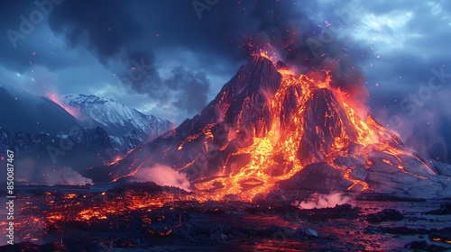A dramatic eruption of a volcano, with lava flowing down the side and smoke billowing into the sky.
