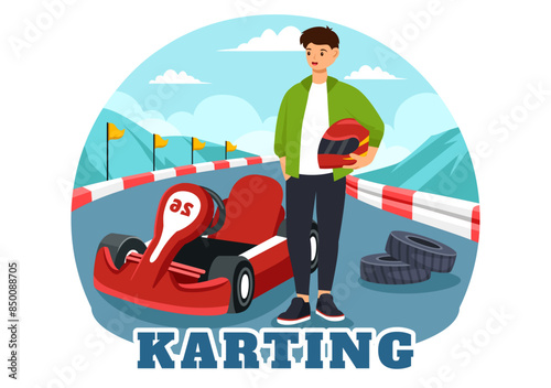 Vector Illustration of Karting Sport with a Racing Game Go Kart or Mini Car on a Small Circuit Track in a Flat Style Cartoon Background Design