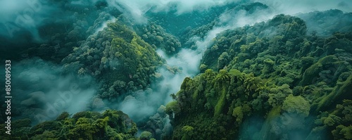 Aerial view of lush green mountains shrouded in mist, creating a surreal and tranquil landscape in a tropical rainforest.