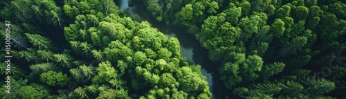 Aerial view of lush green forest with a winding river, capturing the beauty of nature. Ideal for environmental and outdoor themes.