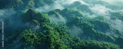 Aerial view of lush green mountains covered in mist and clouds, creating a serene and natural landscape rich in vegetation and tranquility.