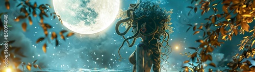 Dazzling Medusa, serpentine hair, fearsome gorgon with snaky locks, strolling through a mystical garden, under a full moon, captured in a mesmerizing 3D render, illuminated by backlights