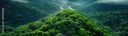 Aerial view of lush green mountains with misty clouds and winding river in a picturesque landscape. Perfect for nature and travel photography.
