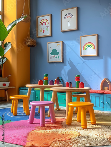 Superbe photo de pièce colorée pour enfant avec une belle décoration et des cadres au mur