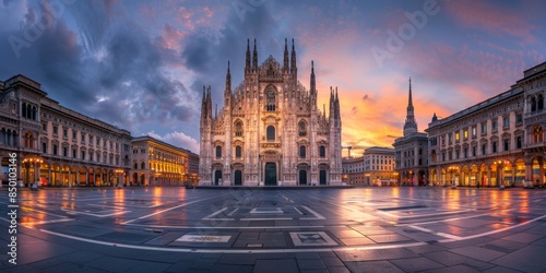 Milan's Duomo Cathedral Bathed in Golden Light: A Majestic Architectural Masterpiece at Dusk. This stunning image captures the Duomo's iconic silhouette against the vibrant hues of a Milanese sunset, 