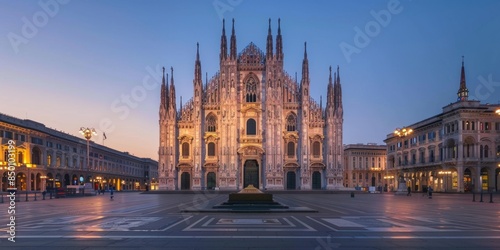 Milan's Duomo Cathedral Bathed in Golden Light: A Majestic Architectural Masterpiece at Dusk. This stunning image captures the Duomo's iconic silhouette against the vibrant hues of a Milanese sunset, 