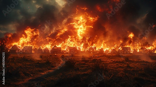 Wildfire advancing on a rural community, bright flames under a dark sky, clear space for text Wildfire threat, rural community, intense heat