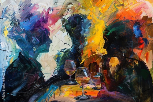 Abstract painting of a vibrant wine tasting experience with colorful silhouettes and glasses.