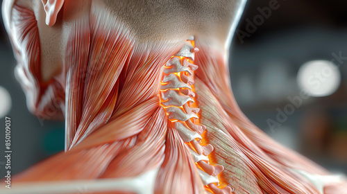 The detailed structure of the human neck muscles and spine.