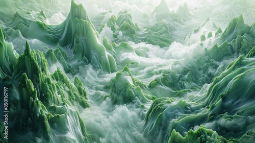 Surreal alien landscape with misty green mountainous formations, resembling otherworldly terrain and ethereal fog. Perfect for sci-fi and fantasy settings.