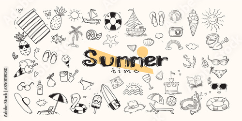 Doodle set of summer icon symbol hand drawn vector illustration. Beach vacation travelling concept isolated on white background.