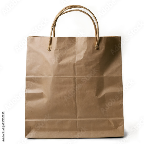 This image captures a craft paper shopping bag with handles on a transparent, white background, ideal for png use