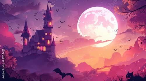 Cartoon Halloween background with a large castle and full moon on a pink sky