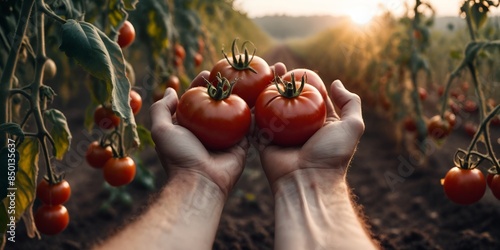 Hands with tomatoes against field. Harvesting vegetables