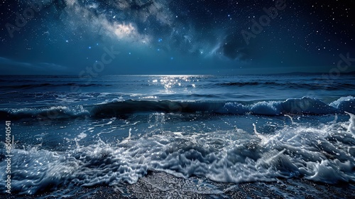 A serene night seascape with gentle waves lapping under a star-filled sky, the moon casting a silver path across the water's surface.
