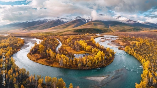 Chuya river in Altai mountains, Siberia, Russia. Aerial drone panorama. Beautiful autumn landscape.