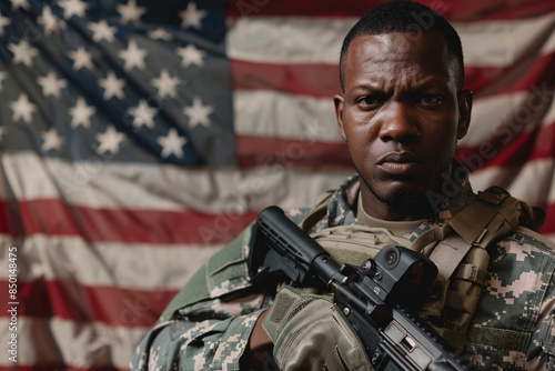 Portrait of serious African American soldier with gun in front of American flag, representing patriotism, military duty, and national pride.