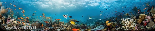 Majestic Underwater World: Colorful Coral Reef with Diverse Marine Life in Deep Blue Ocean Background