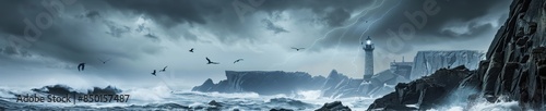 Majestic Coastal Scene: Waves Crashing on Rocky Cliffs with Lighthouse in Stormy Sky