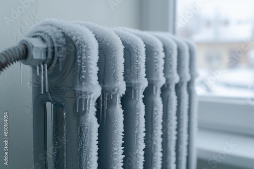 This image shows a close-up of a home radiator covered in snow and icicles against the backdrop of a winter day outside the window.