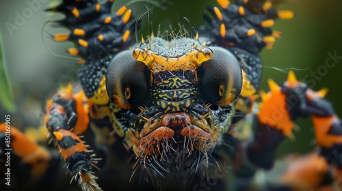 A close-up of a spider's face, showing its many eyes and hairy legs. The spider is mostly black with yellow and orange markings.