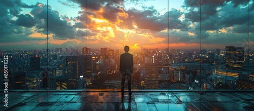 Silhouette of a Man Contemplating a Cityscape at Sunset
